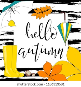 vector illustration. rubber boots umbrella, lettering Hello autumn