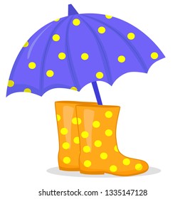 vector illustration rubber boots and umbrella, rain