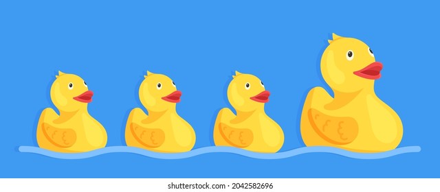 Vector illustration of rubber ducks. Yellow duck toy. 