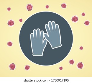 Vector Illustration for rubber gloves background, Flat info graphic icon of life saving measure to prevent deadly covid-19, flat icon for social awareness with corona virus cell icons