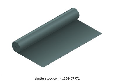 Vector illustration rubber roofing membrane, EPDM or roofing felt  isolated on white background. Roll of black roof coating or bitumen isometric vector icon. Tar paper icon in flat style. 3D. 