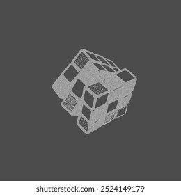 Vector illustration of a Rubik's Cube in black and white photocopy effect. The puzzle toy features a grunge dot print on a dark background, perfect for 80-90s pop art themes.