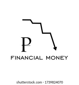 Vector illustration of Ruble - logo with R mark and descending arrow for illustration of the Financial Crisis.