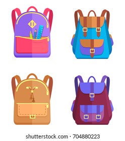 Vector illustration of rucksacks for children isolated on white. Colorful schoolbags in flat style design, icons of backpacks stylish models