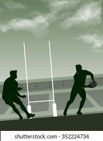 Ilustración vectorial del fondo del rugby con jugadores, pelota, poste de rugby, estadio y cielo