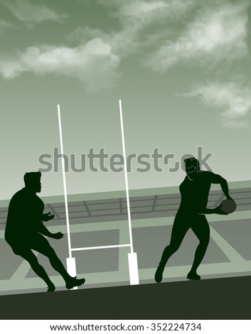 Vector illustration of rugby background with players, ball, rugby post, stadium & sky