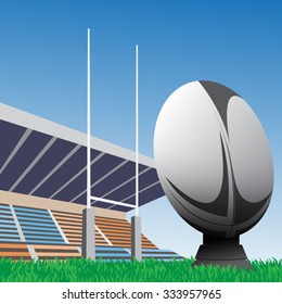 Vector illustration of rugby ball with field & goal posts in the background