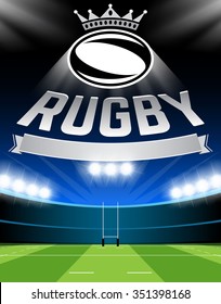 Vector illustration of rugby ball with field & goal posts in the abstract background