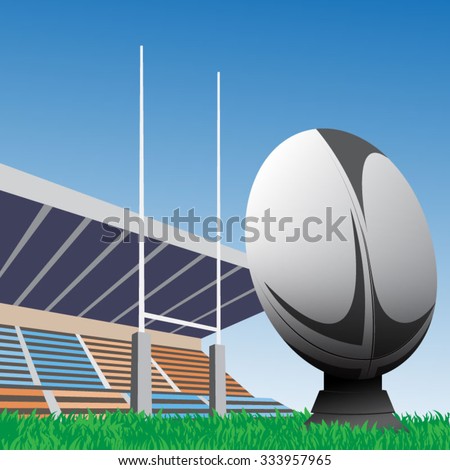 Vector illustration of rugby ball with field & goal posts in the background
