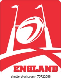 vector illustration of a rugby ball flying over goal post with words England