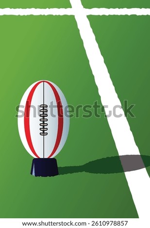 A vector illustration of a rugby ball propped on a kicking tee on a green rugby pitch background with white line markers.