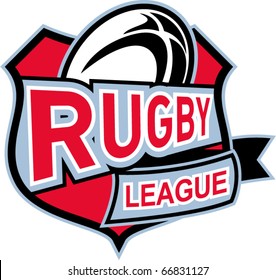 ilustración vectorial de un juego de pelotas de rugby dentro del escudo con las palabras "liga de rugby"