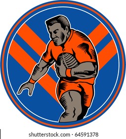 vector illustration of a Rugby league player running with ball set inside oval with chevron in background set in circle done in woodcut style