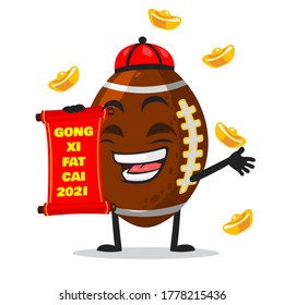 Vector illustration of rugby mascot or character holding red scroll and says happy chinese new year 2021