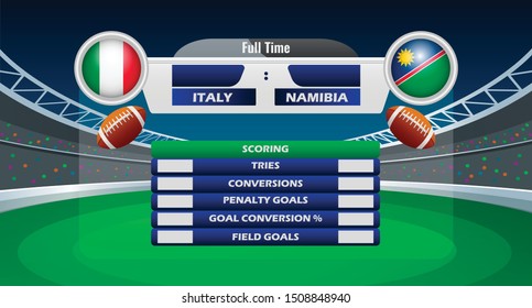 Vector illustration of rugby match results between Italy and Namibia