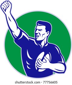 vector illustration of a rugby player with ball pumping fist set inside circle isolated on white background done in retro style