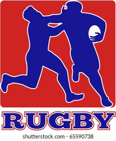 vector illustration of a rugby player being tackled fending off with ball