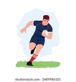 Vector illustration of a rugby player. Cartoon scene of an active guy holding an oval-shaped ball and running on the field, wearing sportswear, knee highs, isolated on a white background. Team game.