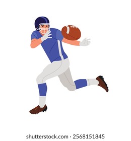 Vector illustration of a rugby player. Cartoon scene of a sports team game of rugby, catches an oval-shaped ball isolated on white background. A guy in a protective helmet for rugby, in a tracksuit.