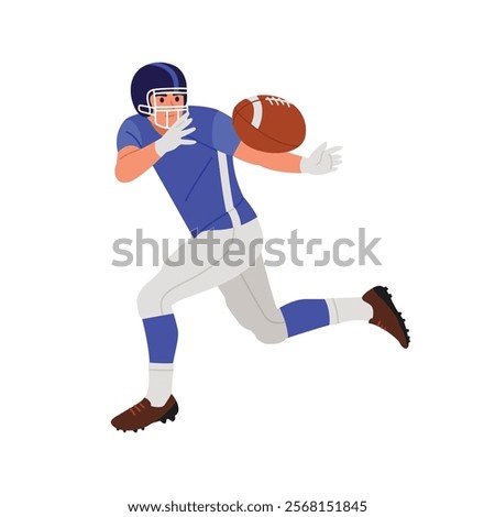 Vector illustration of a rugby player. Cartoon scene of a sports team game of rugby, catches an oval-shaped ball isolated on white background. A guy in a protective helmet for rugby, in a tracksuit.