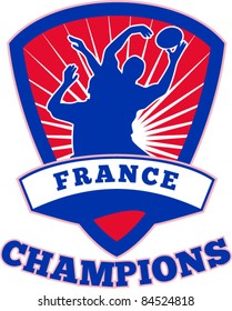 vector illustration of a rugby player catching lineout ball  inside shield with words France champions on isolated white background