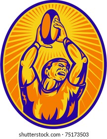 vector illustration of a rugby player jumping to catch the ball done in retro woodcut style set inside ellipse