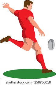 vector illustration of a rugby player kicking ball viewed from side done in retro style.