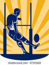 vector illustration of a rugby player kicking at goal post