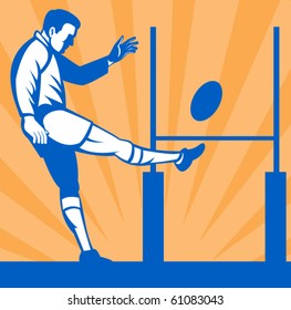 vector illustration of a Rugby player kicking ball at goal post