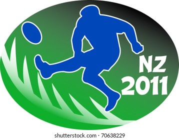 Vector Illustration Of A Rugby Player Kicking The Ball Side View Set Inside Oval Or Ball With Fern Silhouette And Words NZ 2011