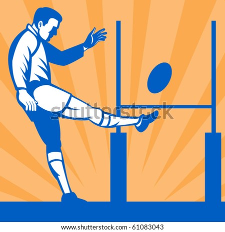 vector illustration of a Rugby player kicking ball at goal post