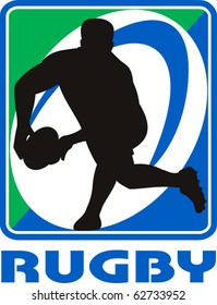 vector illustration of a Rugby player passing ball facing front in silhouette with ball in background with words "rugby"