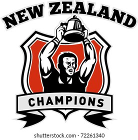 vector illustration of a Rugby player raising up championship cup set inside a shield with words New Zealand Champion