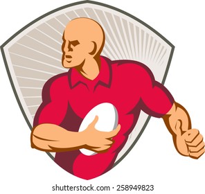 vector illustration of a rugby player running with ball set inside shield done in retro style.