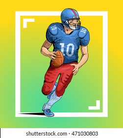 Vector illustration of a rugby player running with the ball. Beautiful sport themed poster. Team game, summer sports. American football player isolated on abstract background.