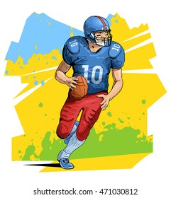 Vector illustration of a rugby player running with the ball. Beautiful sport themed poster. Team game, summer sports. American football player isolated on abstract background.