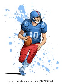 Vector illustration of a rugby player running with the ball. Beautiful sport themed poster. Team game, summer sports. American football player isolated on abstract background.