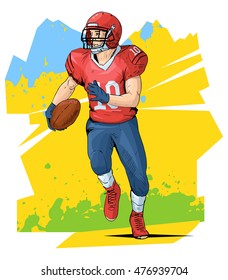 Vector illustration of a rugby player running with the ball. Beautiful sport themed poster. Abstract background, team game, summer sports, american football player