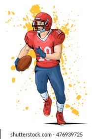 Vector illustration of a rugby player running with the ball. Beautiful sport themed poster. Abstract background, team game, summer sports, american football player