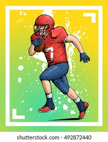 Vector illustration of a rugby player running with the ball. Beautiful sport themed poster. Team sports, american football player. Abstract background