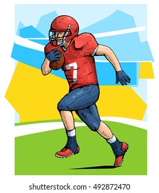 Vector illustration of a rugby player running with the ball. Beautiful sport themed poster. Team sports, american football player. Abstract background