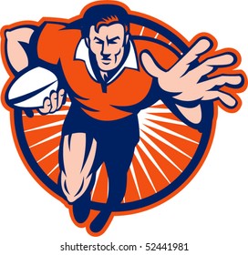 vector illustration of a Rugby player running towards you fending off set inside a circle