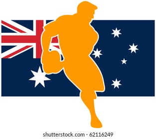 vector Illustration of a rugby player running passing ball with flag of flag of australia