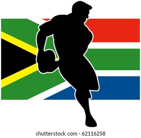 vector Illustration of a rugby player running passing ball with flag of South Africa in background