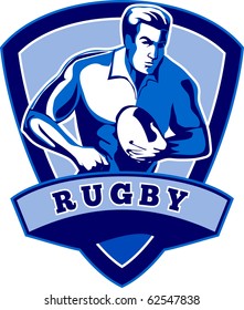 vector illustration of a Rugby player running with the ball with shield in the background