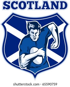 vector illustration of a rugby player running with ball with scotland flag and shield in background