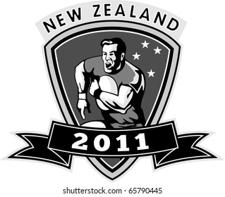 vector illustration of a rugby player running with ball inside shield with words new zealand 2011