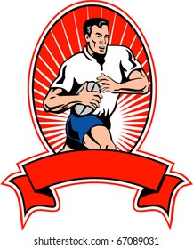 vector illustration of a rugby player running with ball set inside oval with scroll ribbon.