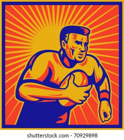 vector illustration of a rugby player running with ball with sunburst in background done in retro woodcut style