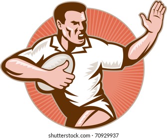 vector illustration of a rugby player running with ball fending off with sunburst in background isolated on white done in retro woodcut style